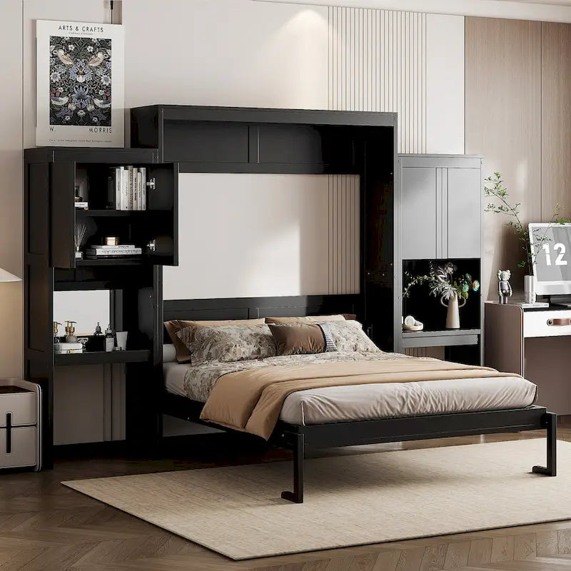Queen Murphy Bed - Foldable Desk & Vanity, Wall Bed with Storage