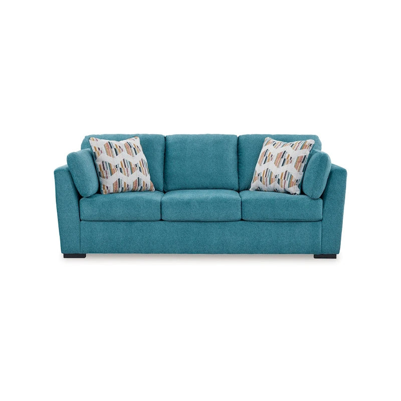 Teal Blue Faux Velvet Sofa with 2 Accent Throw Pillows - 94 Inch