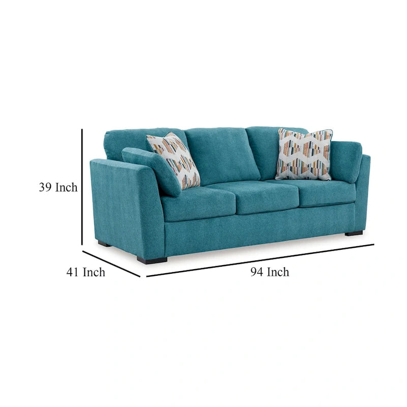 Teal Blue Faux Velvet Sofa with 2 Accent Throw Pillows - 94 Inch
