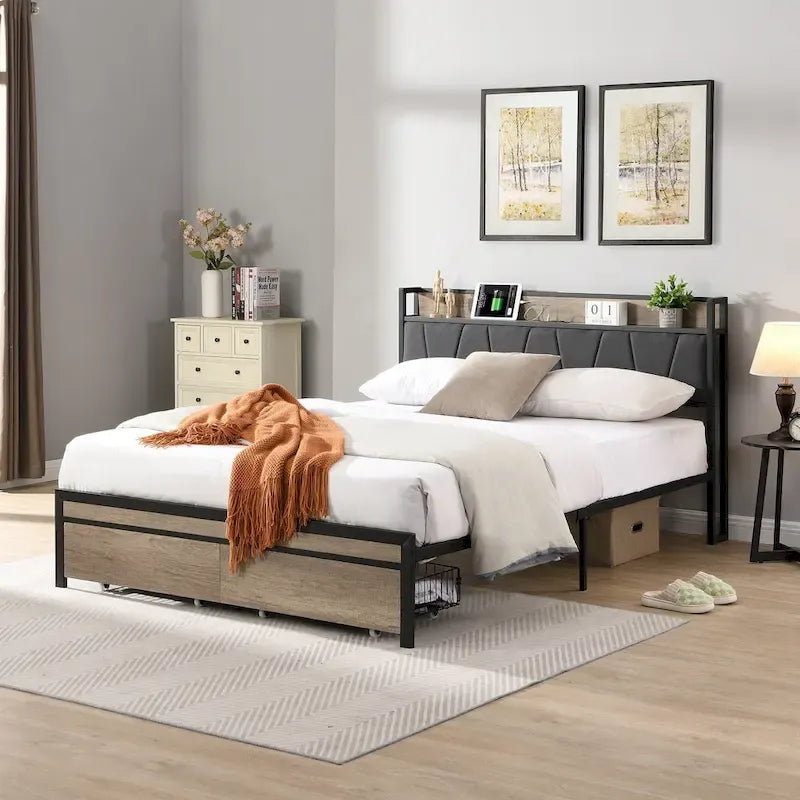 Metal Platform Bed with Drawers and Storage Headboard