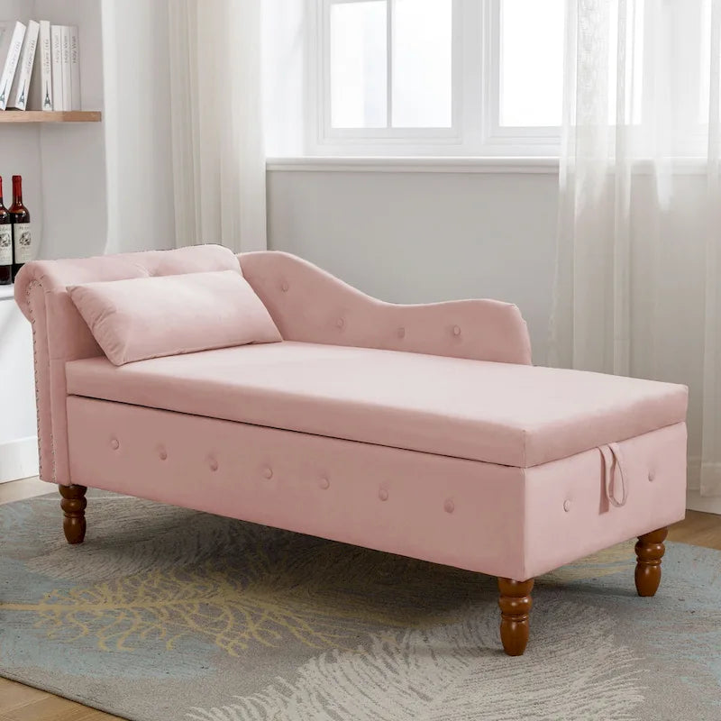 Pink 58.26" Velvet Button Tufted Chaise Lounge Chair with Storage