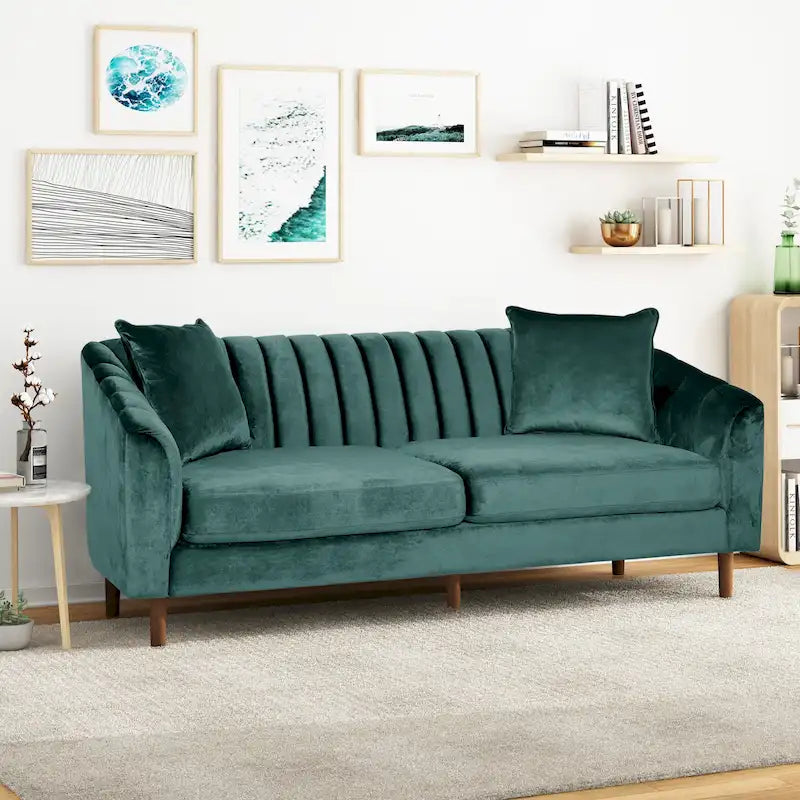 Contemporary Channel-Tufted Velvet 3-Seat Sofa with Accent Pillows
