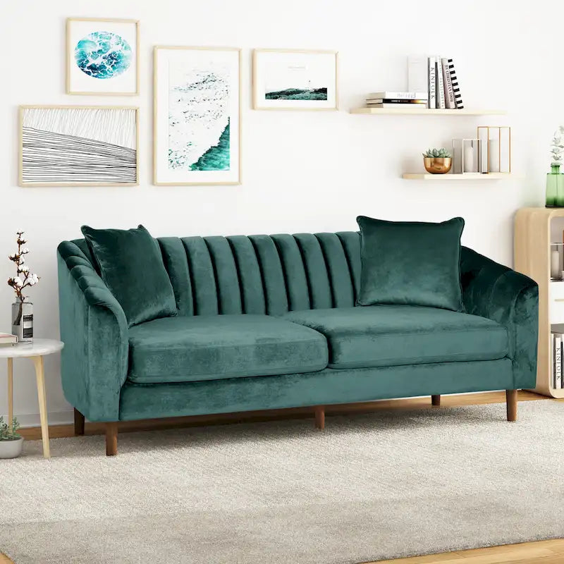 Contemporary Channel-Tufted Velvet 3-Seat Sofa with Accent Pillows
