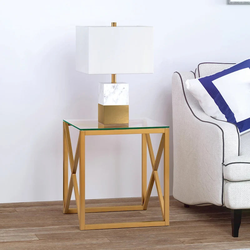 Dixon Geometric X-Base Metal & Glass Side Table in Golden Brass Finish
