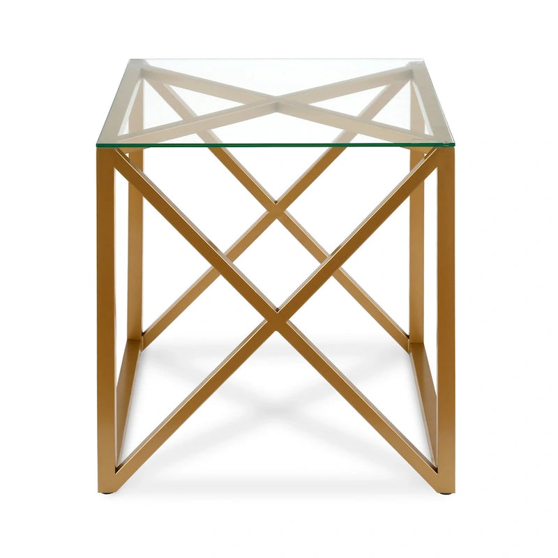 Geometric X-Base Metal and Glass Side Table in Golden Brass Finish