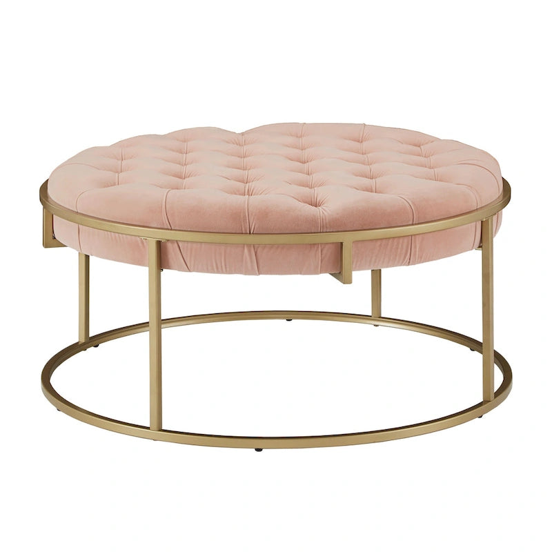 Gold Finish Velvet Round Tufted Ottoman Footrest