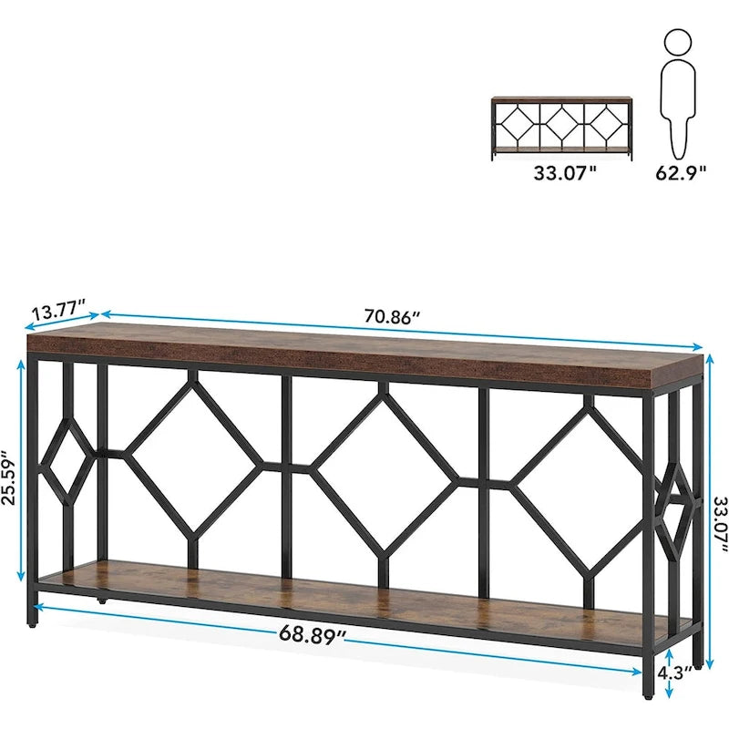 70.9 Inch Sofa Console Table with Open Storage Shelf, Industrial Narrow Extra Long Sofa Tables Entry Table Behind Couch Table