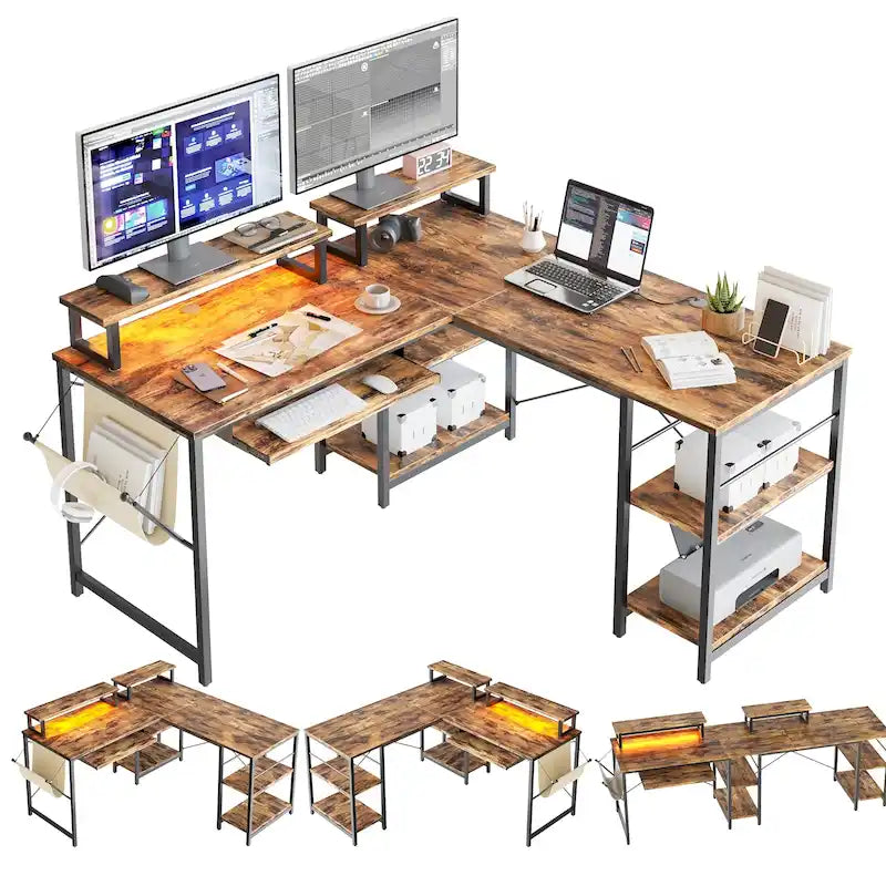 L Shaped Desk LED 95.2 Inch Computer Corner Desk with Keyboard Tray Monitor Stand