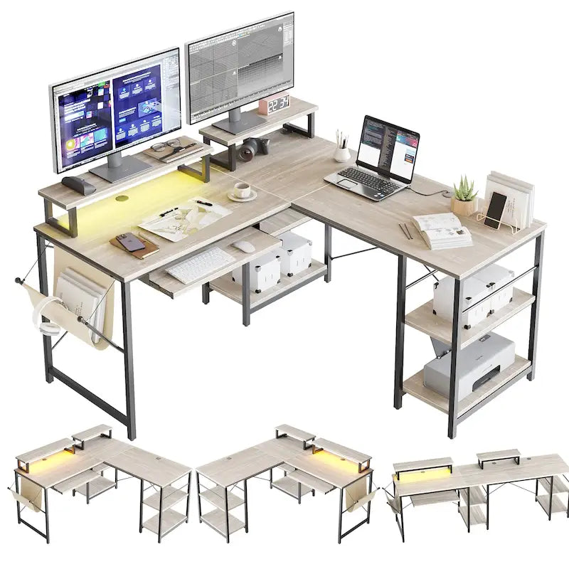 L Shaped Desk LED 95.2 Inch Computer Corner Desk with Keyboard Tray Monitor Stand