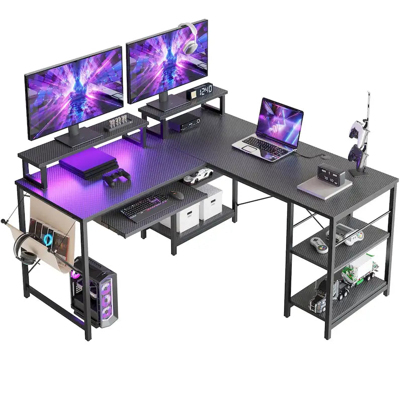 L Shaped Desk LED 95.2 Inch Computer Corner Desk with Keyboard Tray Monitor Stand