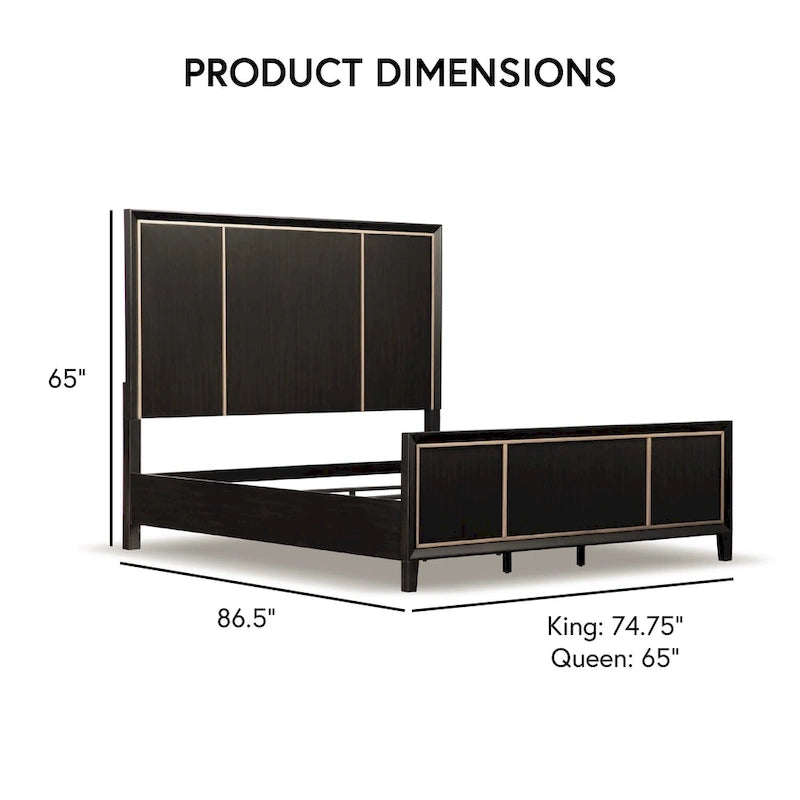 Modern Espresso Solid Wood Panel Bed with Gold Accent Trim