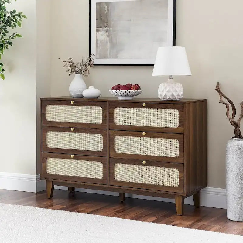 Modern Rattan Solid Wood Dresser with 6 Drawers for Bedroom