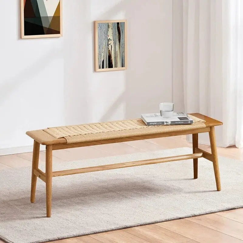 Boho Style Indoor Solid Oak Wood Bench with Woven Rope Seat and Mortise Tenon Joint