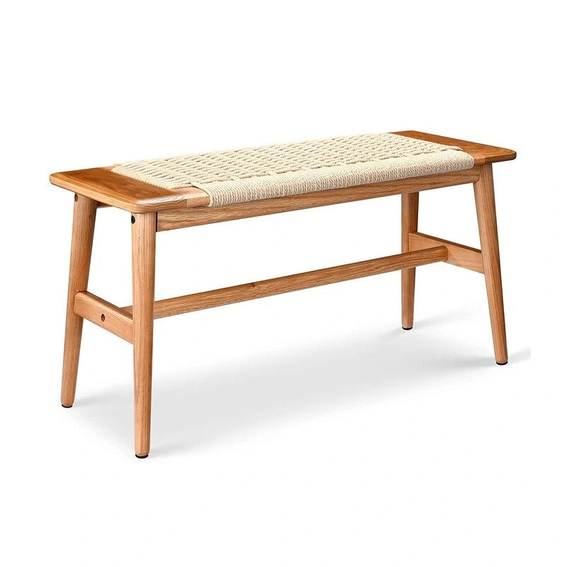 Boho Style Indoor Solid Oak Wood Bench with Woven Rope Seat and Mortise Tenon Joint