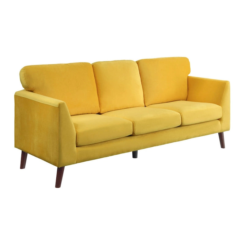 81 Inch Yellow Velvet Sofa with Reversible Cushions and Dark Brown Wood Base