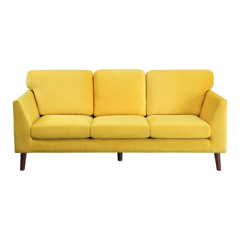 81 Inch Yellow Velvet Sofa with Reversible Cushions and Dark Brown Wood Base