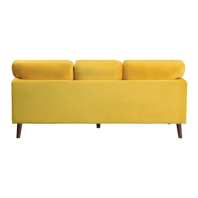 81 Inch Yellow Velvet Sofa with Reversible Cushions and Dark Brown Wood Base