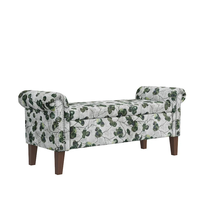 Traditional Rolled Arm Storage Bench Ottoman with Nailhead Trim