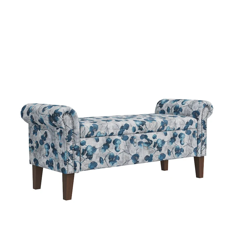 Traditional Rolled Arm Storage Bench Ottoman with Nailhead Trim